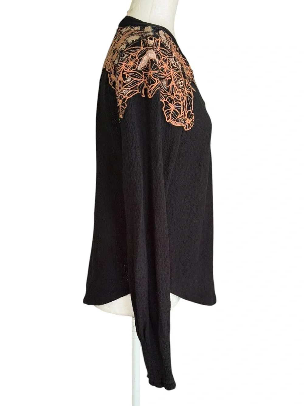 Free People Easy Breezy Black Embroidered Eyelet Henley Top - M